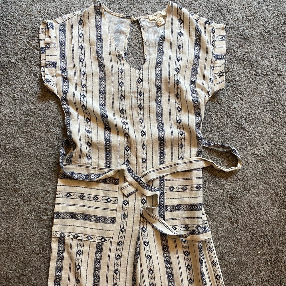 White & Navy Blue Patterned Jumpsuit Size S